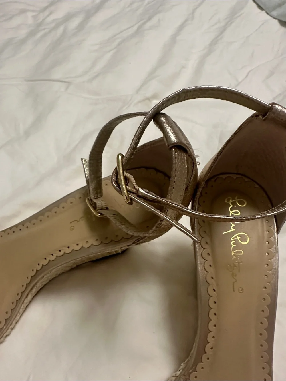 Lilly Pulitzer Gold Metallic Ankle-Strap Wedge  8 1/2 M